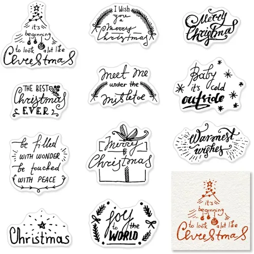 Vista 11 de Palabras de felicitación de Feliz Navidad, sellos transparentes para hacer tarjetas y decoraciones de álbumes de fotos, sellos de silicona de árbol