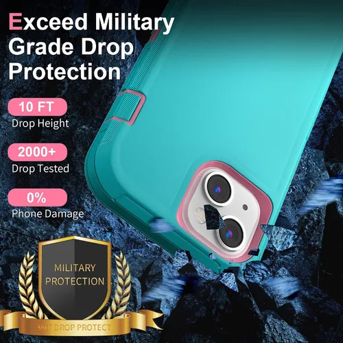 Vista 6 de Funda para iPhone 13 con 2 protectores de pantalla, resistente de grado militar, funda de cuerpo completo para hombres y mujeres (aguamarina + rosa)