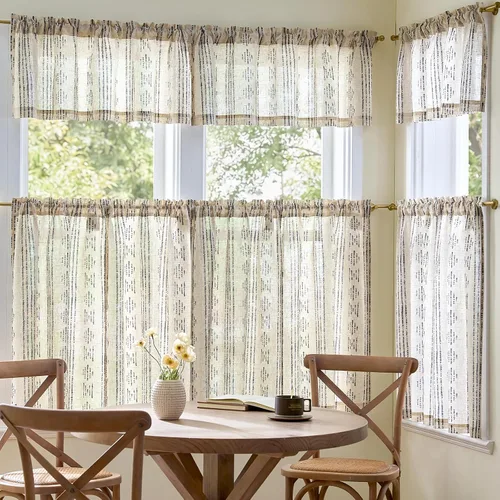 Vista 6 de Jinchan - Juego de cortinas y cenefas de cocina estilo bohemio negro sobre beige y bolsillo para barra Boho Negro sobre Beige