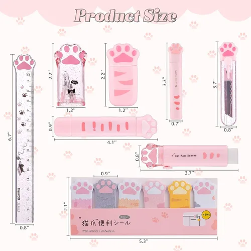 Vista 2 de Juego de 8 piezas de artículos de papelería lindos de patitas de gato, suministros escolares kawaii que incluyen sacapuntas, borrador retráctil