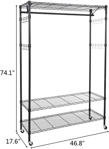 Vista 2 de Percheros de alambre para colgar ropa con ruedas, perchero resistente con 3 estantes, percheros móviles de metal para colgar ropa con barra