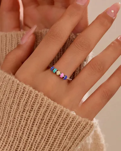 Vista 3 de LOVECOM Anillo giratorio de plata de ley 925 con cuentas esmaltadas coloridas para mujer, anillo giratorio antiansiedad, giratorio, apilable Estilo 1