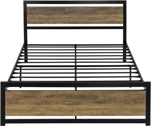 Vista 9 de ikalido Base de cama de plataforma de metal completo con cabecero y estribo de madera, soportes fuertes de metal resistente, base de colchón,