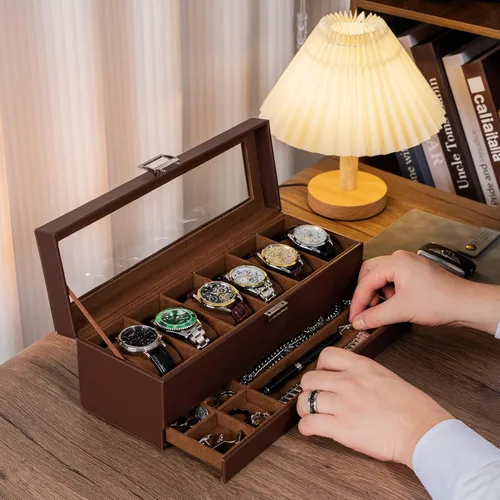 Vista 5 de ProCase Caja para reloj, caja de exhibición de 6 ranuras con cajón, caja de reloj para hombre con tapa de vidrio, organizador de almacenamiento