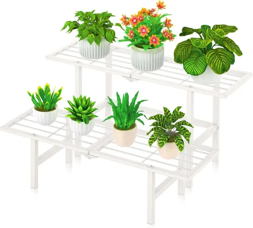 Vista 10 de Paquete de 2 soportes para plantas de 1 nivel para interiores y exteriores, estante plegable de metal para plantas, diseño estrecho de 8.7 pulgadas