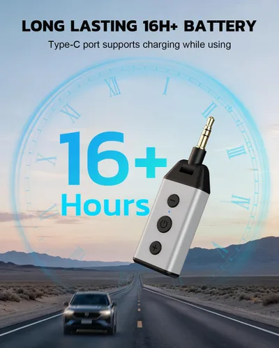 Vista 6 de 1Mii B04 Bluetooth 5.4 Adaptador de coche, receptor de audio AUX giratorio de 180°, llamada clara manos libres, 16H+ de larga espera