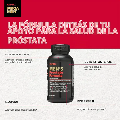 Vista 5 de GNC Fórmula de próstata para hombres, 60 cápsulas blandas, apoya la función reproductiva normal Contiene palma enana americana, beta-sitosterol