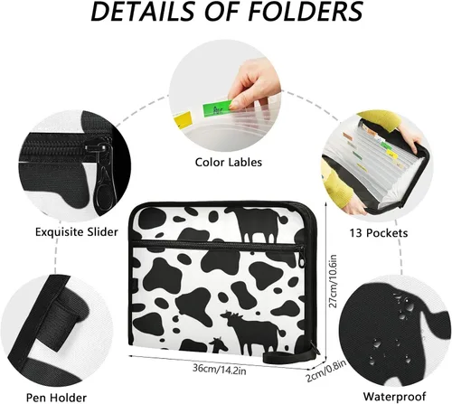Vista 3 de Kcldeci Carpeta de archivos expansible de 13 bolsillos con estampado de vaca de acordeón, organizador de documentos con cierre de cremallera, papel