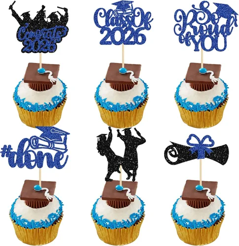 Vista 21 de Gyufise 24 piezas de decoración para cupcakes con purpurina para graduación 2026, decoración de pasteles para graduación 2026, decoración de Negro
