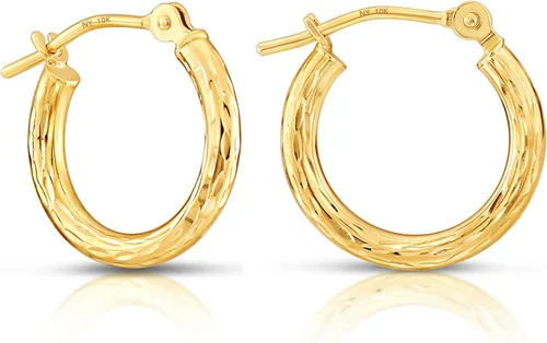 Vista 10 de Aretes de aro redondos de oro amarillo de 10 quilates grabados a mano, corte de diamante, cierre seguro en la parte trasera