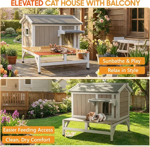 Vista 5 de PetsCosset Casa para gatos al aire libre, refugio de madera para gatos con interior de tela rascadora incorporada, diseño de 2 pisos resistente a