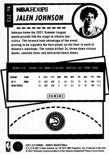 Vista 2 de 2021-22 NBA Hoops # 213 Jalen Johnson RC Rookie Atlanta Hawks Tarjeta oficial de baloncesto Panini