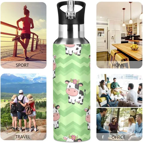 Vista 5 de Stainless Steel Vacuum Insulated Water Bottle 20 Oz, Leakproof Water Bottles for Gym Outdoor Travel School, Cute Cartoon Cows Green