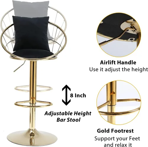Vista 6 de Taburetes de bar giratorios de terciopelo con respaldo bajo y reposapiés, taburetes de bar ajustables con almohada, taburete de bar dorado de lujo