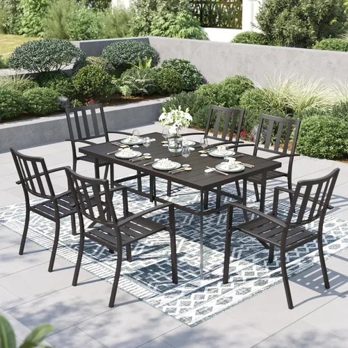 Vista 21 de PHI VILLA Juego de comedor al aire libre de 7 piezas para 6, mesa rectangular de metal negro de 60 pulgadas con agujero para sombrilla y sillas