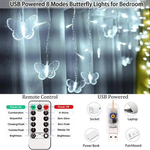 Vista 3 de Luces de Hadas de Cortina de Mariposa con Enchufe USB, 120 LED, 8 modos, 20 pies, luces de cadena de carámbanos centelleantes de luciérnaga