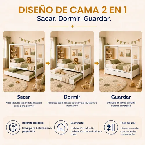 Vista 4 de NAFORT Cama con dosel de tamaño matrimonial con nido, marco de madera maciza para niños y adolescentes, soporte resistente de 600 libras, cama