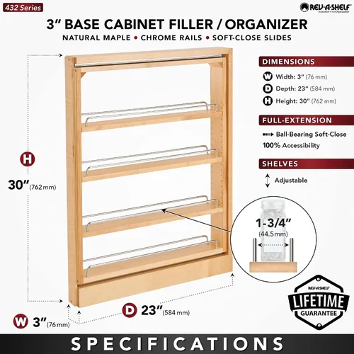 Vista 3 de Rev-A-Shelf Base Filler - Estante organizador extraíble para armarios de cocina y baño con apertura de 3 pulgadas, rodamientos de bolas, toboganes