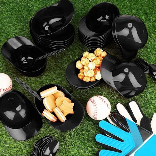 Vista 3 de Tanlade Juego de 100 cuencos para casco de béisbol con cucharas de 8 onzas, mini helado, postre y gorra de béisbol, cuencos de plástico para casco