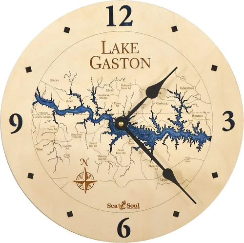 Vista 7 de Sea & Soul Lake Gaston Reloj náutico con mapa de madera 3D, reloj de profundidad de agua tallada en arte del lago, reloj de pared único, decoración