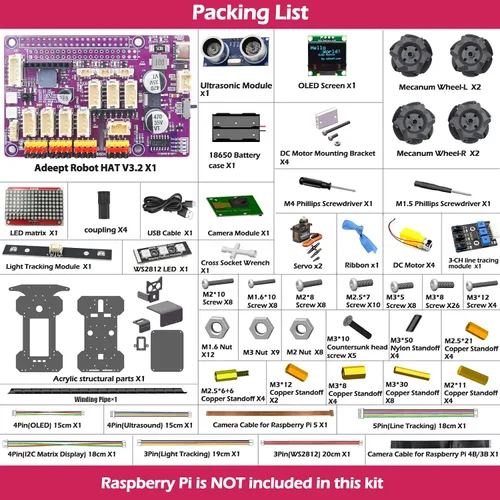 Vista 2 de Adeept 4WD Mecanum Wheel Kit de coche inteligente para Raspberry Pi 5/4B/3B/3B+(tablero no incluido), seguimiento de línea, seguimiento de luz