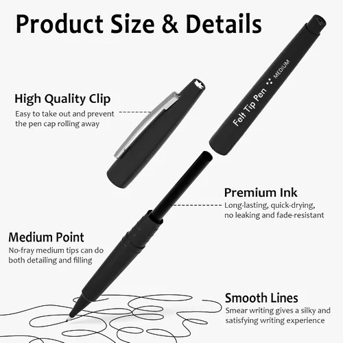 Vista 3 de Lelix Bolígrafos de punta de fieltro, paquete negro de 15 unidades, punta media de 0.7mm, marcadores de punta de fieltro para diario, escritura