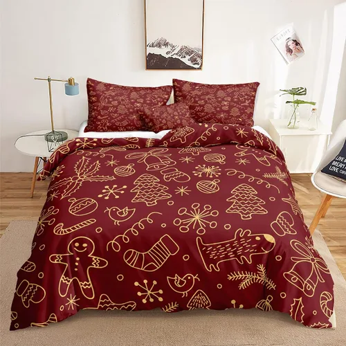 Vista 33 de Juego de ropa de cama de Navidad con funda de edredón de copos de nieve, color blanco y rojo, con estampado navideño, juego de ropa de cama festiva