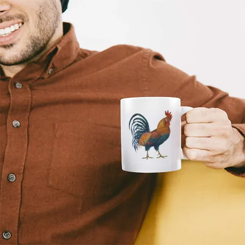 Vista 4 de Taza de café personalizada de 11 onzas de gallo con aspecto vintage J Animals Farm & Domesticated Ceramic Tea Cup Design Only