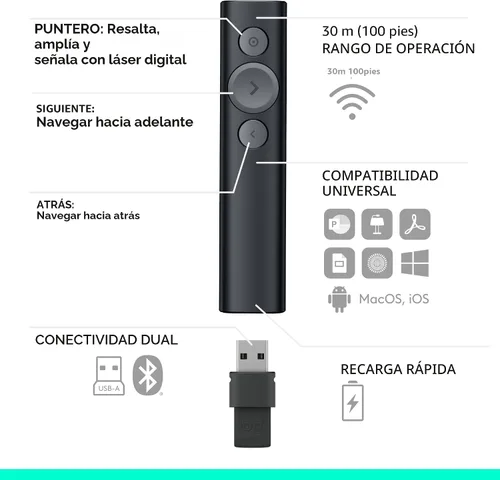 Vista 7 de Logitech Spotlight Presentation Remote Universal Inalámbrico - Negro