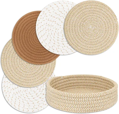 Vista 7 de Salvamanteles para platos calientes, ollas y sartenes, almohadillas calientes con cesta de almacenamiento, soportes para ollas para cocina, tapete