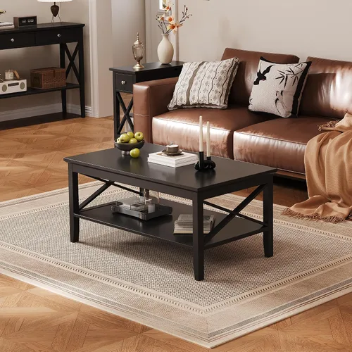 Vista 9 de Mesa de centro ChooChoo Oxford con patas más gruesas, mesa de centro de madera negra con almacenamiento para la sala de estar