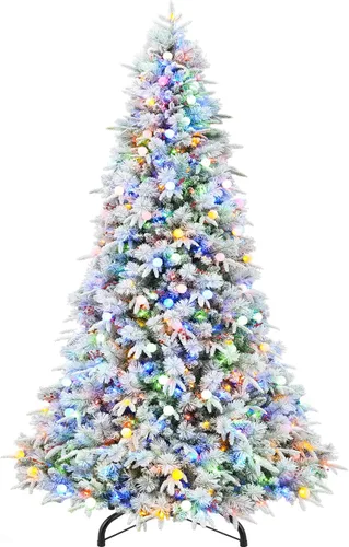 Vista 10 de Hykolity Árbol de Navidad flocado preiluminado de 7.5 pies, 450 luces LED 1592 puntas flocadas mixtas, 450 LED blanco cálido y multicolor, 10 modos