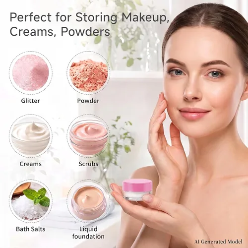 Vista 8 de Contenedores de cosméticos con tapas, tarros de loción de plástico, tarros para muestras, con tapa rosa, 0.2 oz, 25 unidades, Tarro de 3 gramos.