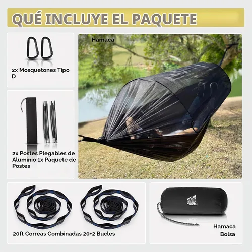 Vista 7 de Miztli Hamaca de camping – Hamaca portátil con amplia red y correas de árbol con bucles ajustables, hamaca doble e individual para exteriores