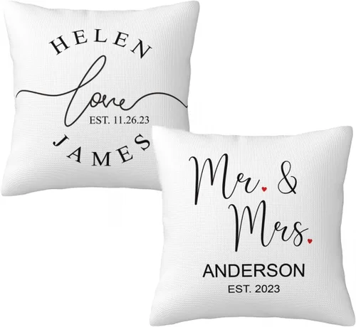 Vista 7 de Elegante juego de 2 fundas de almohada de lino blanco de Mr & Mrs personalizadas, regalos de boda, despedida de soltera, día de San Valentín