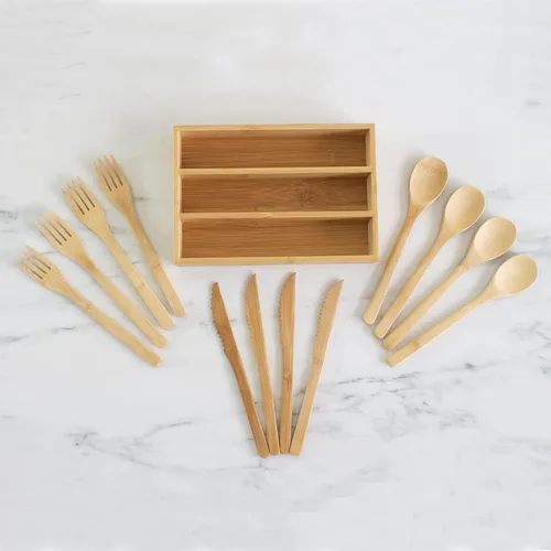 Vista 5 de Totally Bamboo Juego de cubiertos de bambú reutilizables de 12 piezas con estuche de almacenamiento portátil, apto para lavavajillas