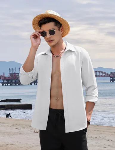 Vista 2 de COOFANDY Camisas casuales de lino de manga larga con botones para hombre