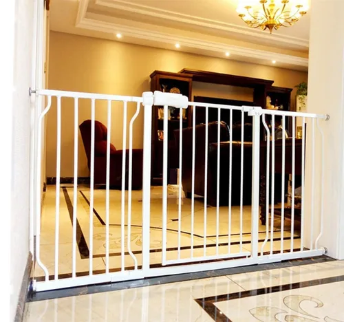 Vista 14 de ALLAIBB - Puerta de seguridad extra ancha de montaje a presión para bebés, autocierre, de metal blanco para niños, perros y mascotas, con pasillo