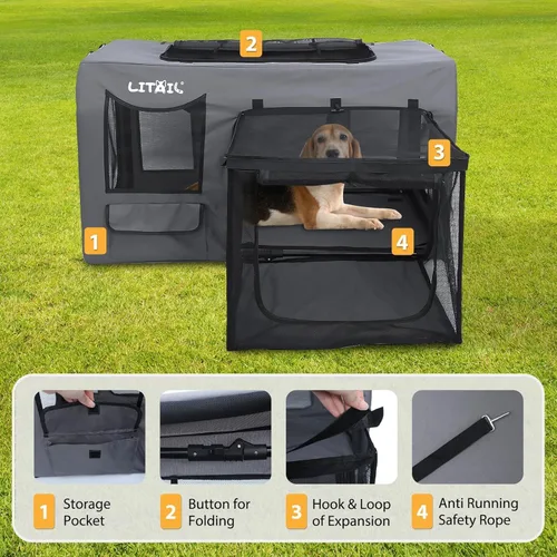 Vista 4 de Jaula de viaje para perros grandes, jaula portátil para perros de 39 pulgadas, plegable, suave para interiores y exteriores