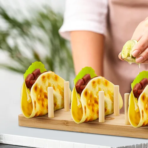Vista 5 de Pinkunn 4 bandejas de bambú para tacos, 8 bandejas de tacos suaves o rígidos, soporte de madera para servir alimentos para tortillas, burritos