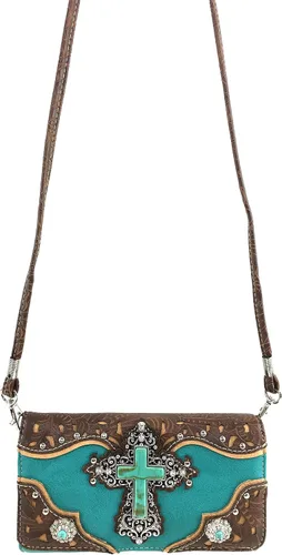 Vista 2 de Zelris turquesa Rhinestone Cruz Occidental mujeres Crossbody muñeca Trifold cartera