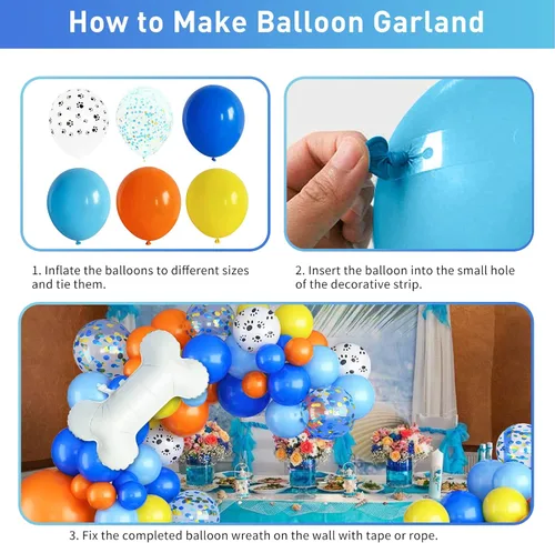 Vista 6 de Arco de globos de pata de perro, 105 piezas de guirnalda de globos con estampado de patas azules y naranjas, globos de papel de aluminio de hueso