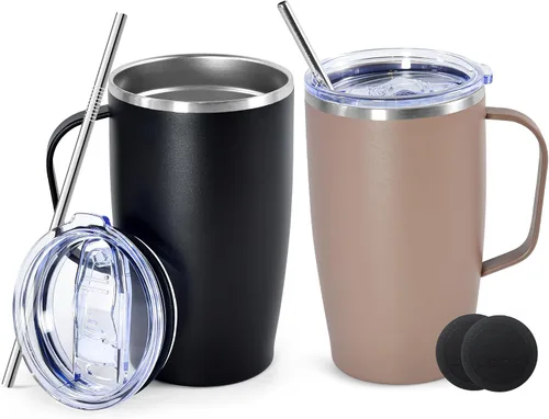 Vista 10 de Botella aislada de acero inoxidable, paquete de 2 vasos de 16 onzas Negro y negro