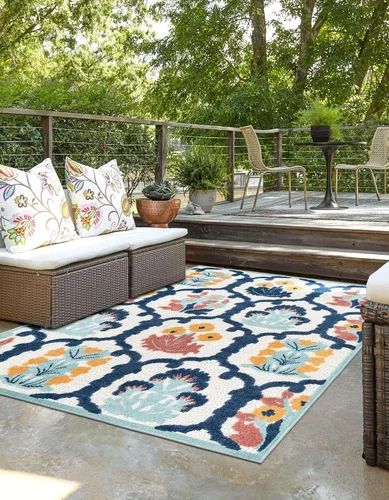 Vista 3 de Unique Loom Belize Outdoor Collection - Alfombra rectangular de 2 x 3 pies 1 pulgada, color marfil y azul marino