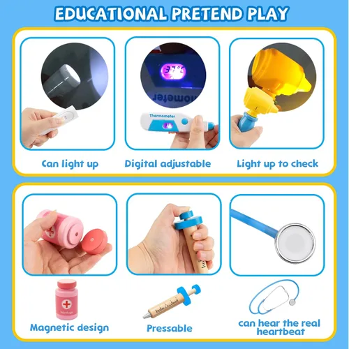 Vista 5 de Kit de médico para niños, 36 piezas de juego de doctor para niños pequeños de 3 a 5 años con bolsa de almacenamiento médico y estetoscopio real