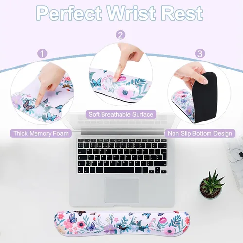 Vista 10 de MEGREZ Reposamuñecas para teclado, reposamuñecas para teclado de computadora, alfombrilla ergonómica para mouse y soporte de muñeca, bonita