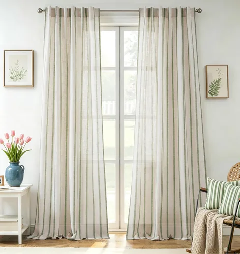 Vista 108 de DriftAway Cortinas de estilo granja con rayas verticales de lino mezclado texturizado con filtro de luz semitransparente para sala de estar