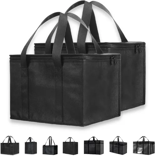 Vista 31 de Bolsa térmica XXL aislada y calentador de alimentos para entrega y compras de comestibles con parte superior con cremallera, color negro