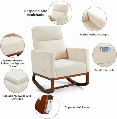 Vista 6 de Yaheetech Mecedora, moderna silla deslizante, sillón reclinable con patas de madera y bolsillo lateral, silla mecedora para guardería con respaldo