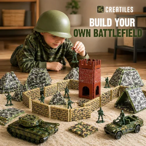Vista 3 de Bloques de Construcción de Azulejos Magnéticos con Base de Campo de Batalla Militar - Juego con Temática de Guerra del Ejército para Construcción